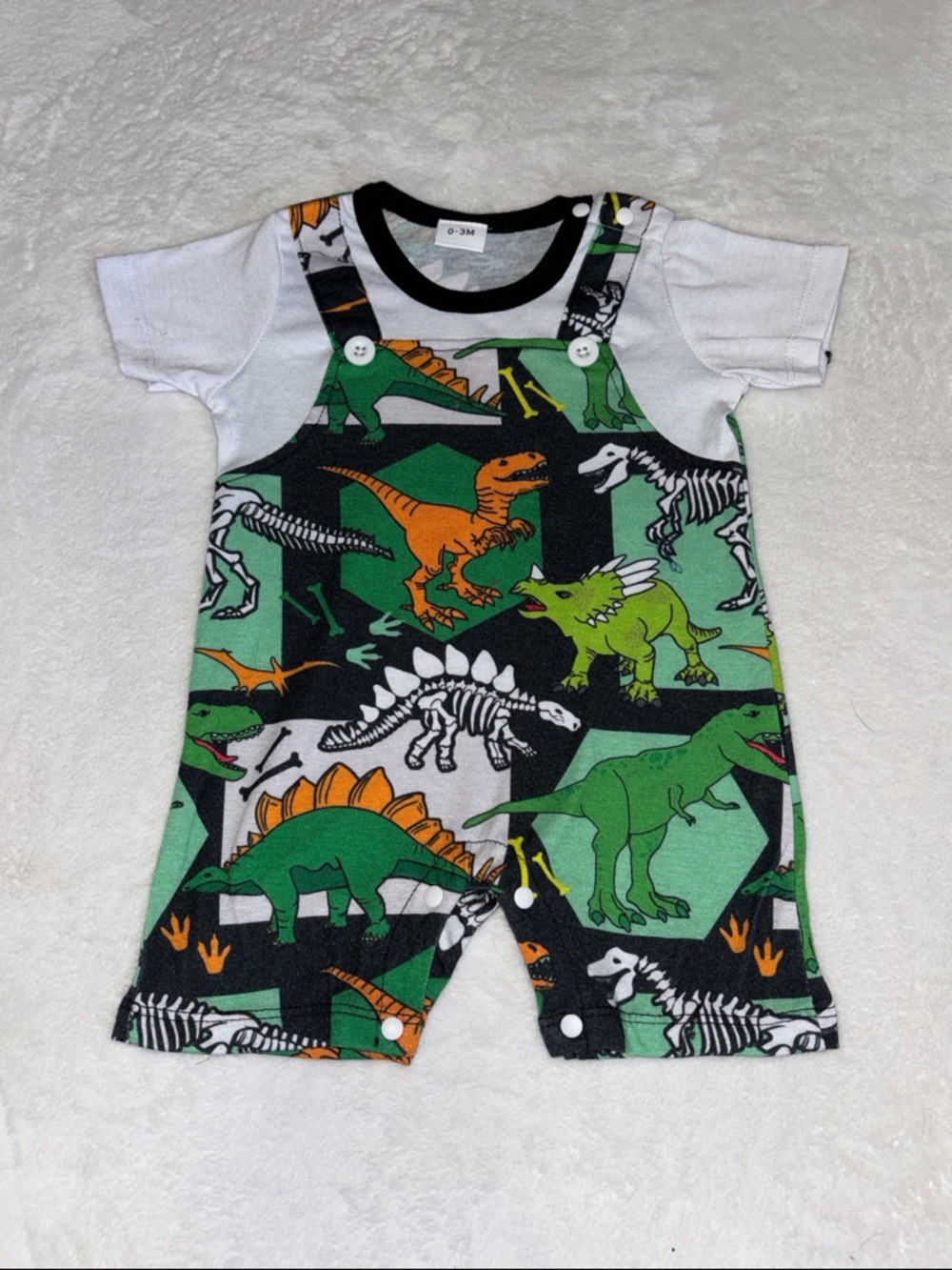 (3 for $10) Green & Orange Dinosaur Romper
